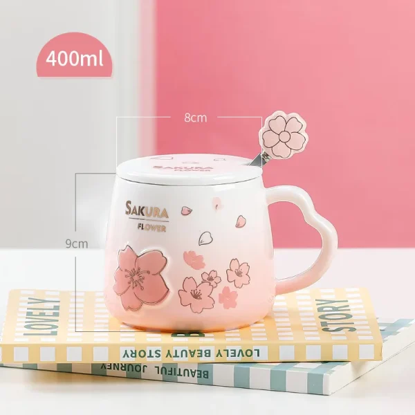 Japanese Pink Cherry Blossom Ceramic Mugs Coffee Cups Milk Breakfast Mug with Lid Spoon Water Cup Office Tea Cup 5