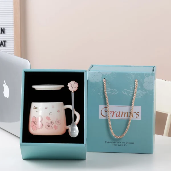 Japanese Pink Cherry Blossom Ceramic Mugs Coffee Cups Milk Breakfast Mug with Lid Spoon Water Cup Office Tea Cup 6