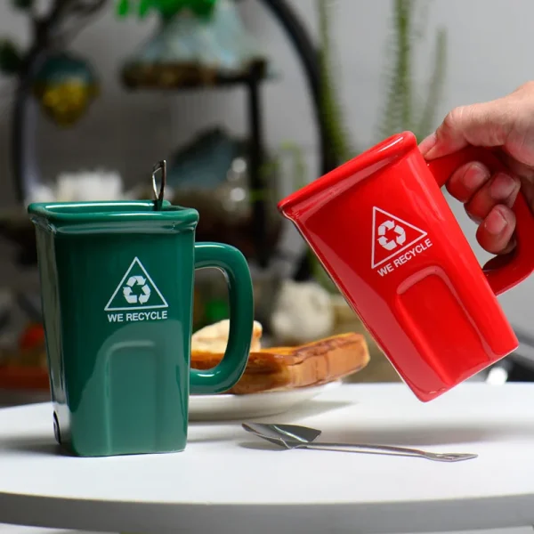 New 330ml Trash Can Cups Ceramic Coffee Mugs With Shovels And Spoons Funny Cups Mugs Drinking Water Cups 2