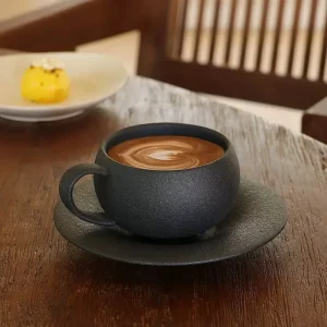 110/280ml Japanese-style Ceramic Mug Black White Fired Stone Coffee Cup and Saucer Set Breakfast Milk Coffee Cup Egg-shaped Mug 1
