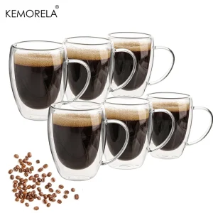 2/4/6PCS 350ML Double Wall Glass Coffee Mug With Handle Transparent Glass Cappuccino Cup Coffee Milk Tea Juice Tea Cup 1