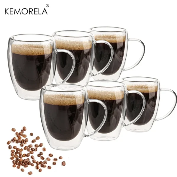 2/4/6PCS 350ML Double Wall Glass Coffee Mug With Handle Transparent Glass Cappuccino Cup Coffee Milk Tea Juice Tea Cup 1