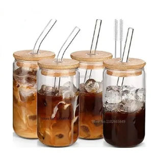 Transparent Glass Cup with Straw, Bubble Tea Cup, Juice Glass, Beer, Coke Can, Milk, Mocha Cups, Breakfast Mug, 400 ml, 550ml 1
