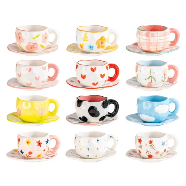 12 styles Creative Cute Ceramic mug Espresso Coffee Cup with Saucer Hand Pinched Irregular Flower Clouds Breakfast Milk Tea Cups 1