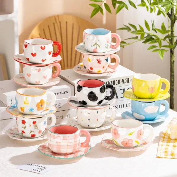 12 styles Creative Cute Ceramic mug Espresso Coffee Cup with Saucer Hand Pinched Irregular Flower Clouds Breakfast Milk Tea Cups 2