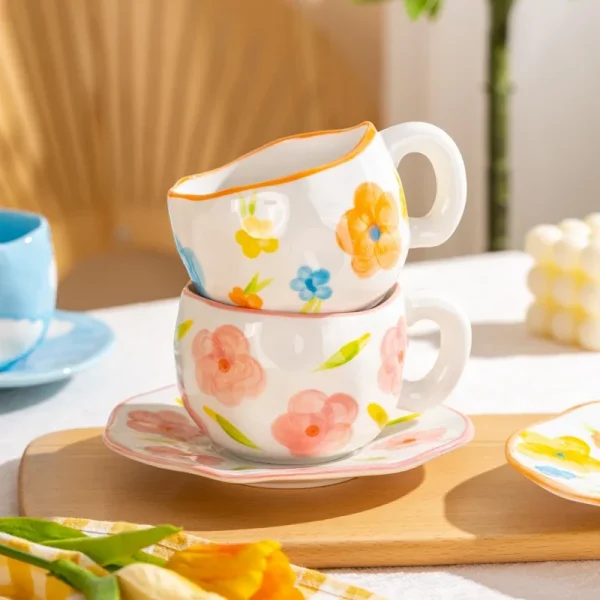 12 styles Creative Cute Ceramic mug Espresso Coffee Cup with Saucer Hand Pinched Irregular Flower Clouds Breakfast Milk Tea Cups 3