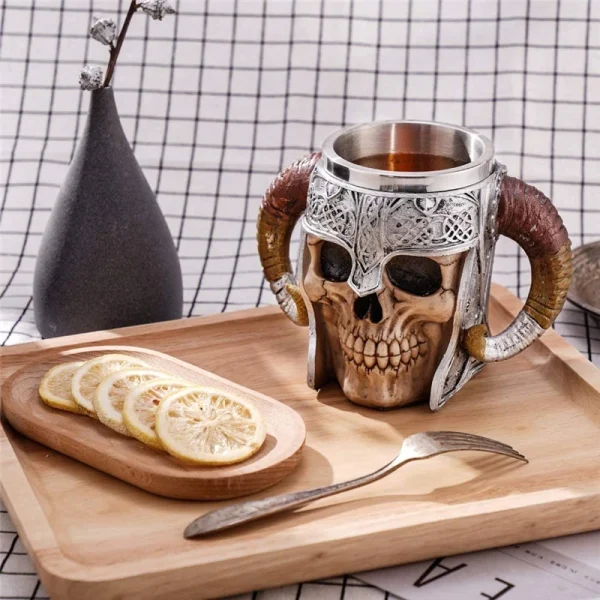 600ml Viking Skull Mug Stainless Steel Coffee Mugs Travel Cup Horn Drinking Tea Mug Halloween Mug Decoration Ceramic Tiki Mug 6