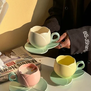 Cute Tulip Tray Suits Ceramics Mugs Flower-shaped Coffee Milk Mark Cups Saucers Plate Set Drink Cups 350ML 1