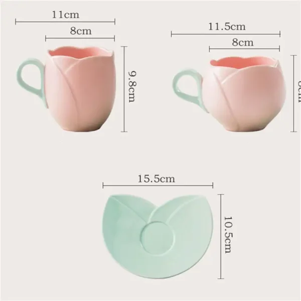 Cute Tulip Tray Suits Ceramics Mugs Flower-shaped Coffee Milk Mark Cups Saucers Plate Set Drink Cups 350ML 6