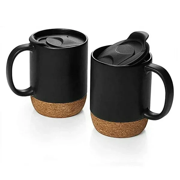 Coffee Mug with Cork Base Bottom 15oz Sublimation Matte Plain Black White Ceramic Matte Tea Cup Creative Mugs with Lid Wholesale 1