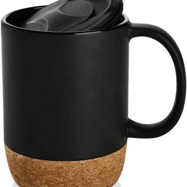 Coffee Mug with Cork Base Bottom 15oz Sublimation Matte Plain Black White Ceramic Matte Tea Cup Creative Mugs with Lid Wholesale 2