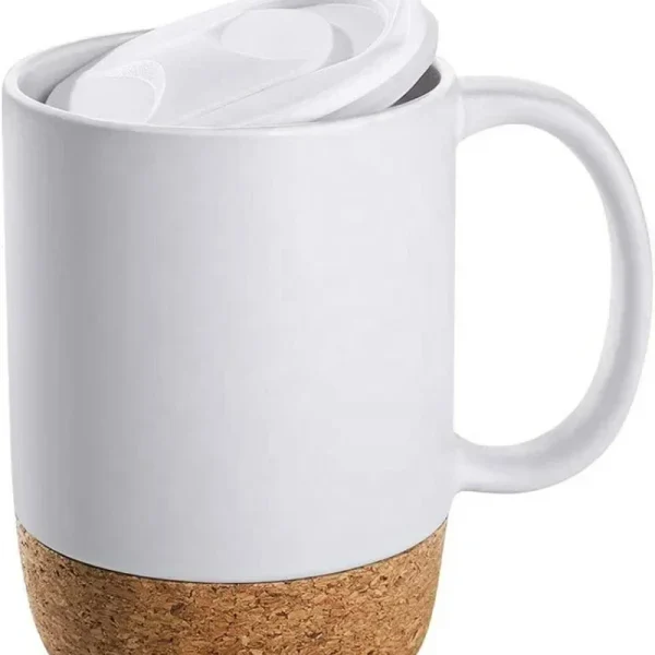 Coffee Mug with Cork Base Bottom 15oz Sublimation Matte Plain Black White Ceramic Matte Tea Cup Creative Mugs with Lid Wholesale 3