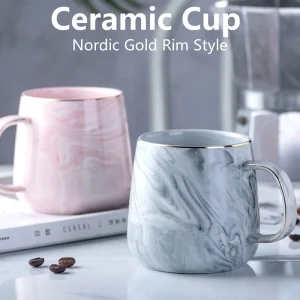 Ceramic Cup Nordic Gold Rim Coffee Oatmeal Breakfast Heat Insulation Cup Marble Pattern Solid Color Creative Personality Mug 1