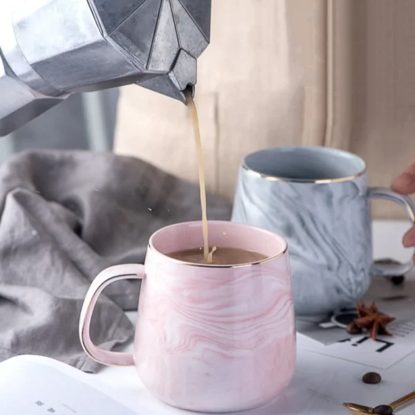 Ceramic Cup Nordic Gold Rim Coffee Oatmeal Breakfast Heat Insulation Cup Marble Pattern Solid Color Creative Personality Mug 2