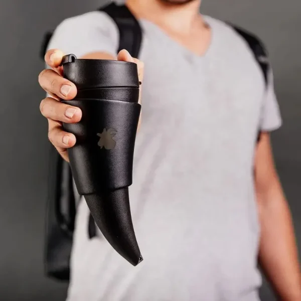 8ozGoat Horns Mug Drinking  Viking Mead  Black/White Stainless Steel  Cup,Faux Leather,  Coffee Mug with Lid 6