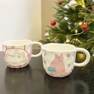Hand Pinched Irregular Ceramic Mug Cute Bear Pattern Coffee Cup Milk Oatmeal Breakfast Cup Student Office Water Cup Girl Gift 1