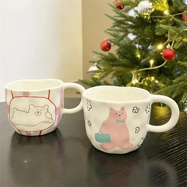 Hand Pinched Irregular Ceramic Mug Cute Bear Pattern Coffee Cup Milk Oatmeal Breakfast Cup Student Office Water Cup Girl Gift 1