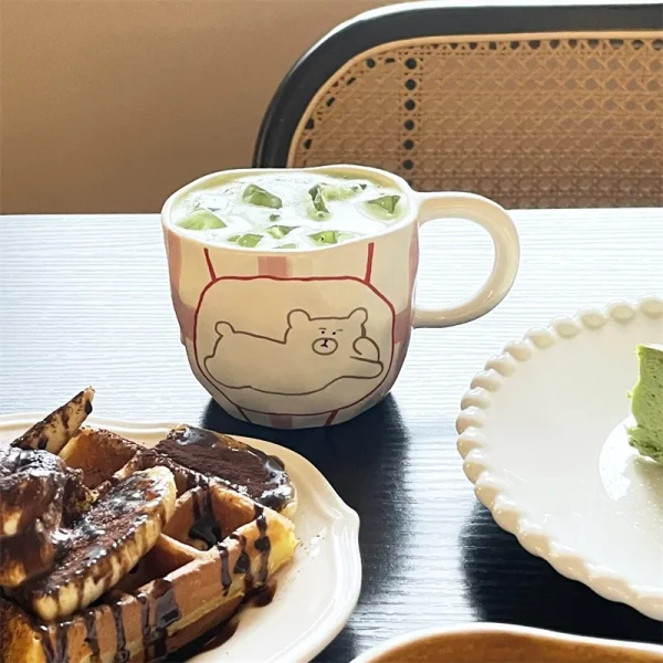 Hand Pinched Irregular Ceramic Mug Cute Bear Pattern Coffee Cup Milk Oatmeal Breakfast Cup Student Office Water Cup Girl Gift 2