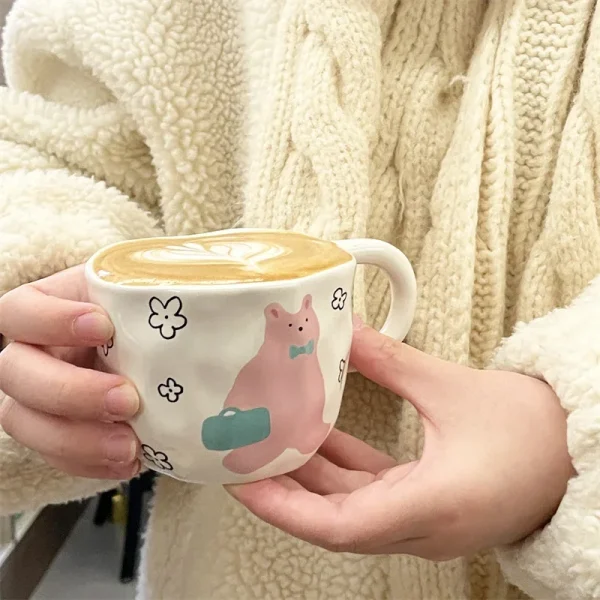 Hand Pinched Irregular Ceramic Mug Cute Bear Pattern Coffee Cup Milk Oatmeal Breakfast Cup Student Office Water Cup Girl Gift 3