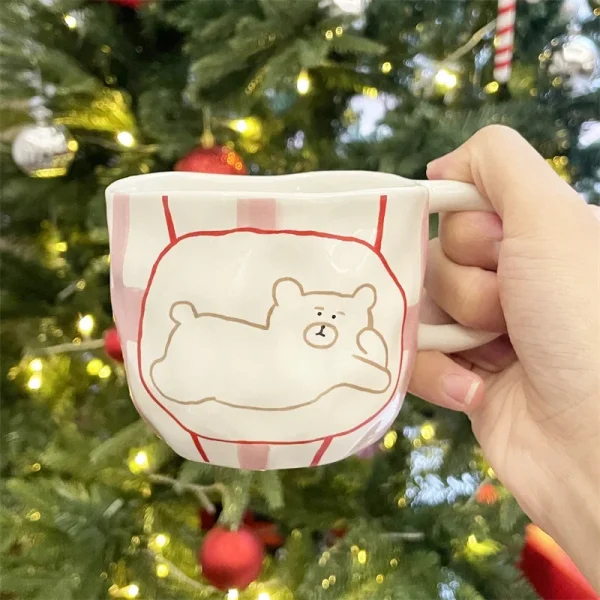 Hand Pinched Irregular Ceramic Mug Cute Bear Pattern Coffee Cup Milk Oatmeal Breakfast Cup Student Office Water Cup Girl Gift 4