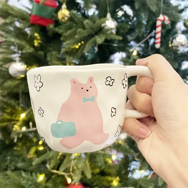 Hand Pinched Irregular Ceramic Mug Cute Bear Pattern Coffee Cup Milk Oatmeal Breakfast Cup Student Office Water Cup Girl Gift 5