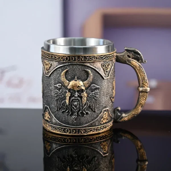 Norse Mythology Odin and Thor Viking Beer Mug Stein with Stainless Steel Liner, Nordic Viking Tradition Coffee Mug Drink Cup for 2