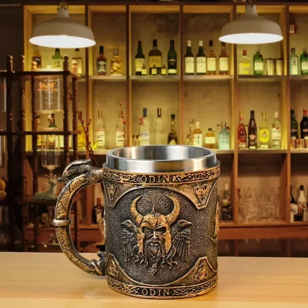 Norse Mythology Odin and Thor Viking Beer Mug Stein with Stainless Steel Liner, Nordic Viking Tradition Coffee Mug Drink Cup for 3