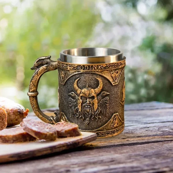 Norse Mythology Odin and Thor Viking Beer Mug Stein with Stainless Steel Liner, Nordic Viking Tradition Coffee Mug Drink Cup for 4
