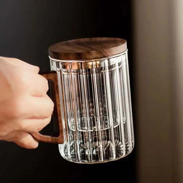 Creative Vertical Stripe Glass Tea Infuser Cup With Transparent Filter Wooden Handle Lid Flower Tea Separation Tea Mug Drinkware 1