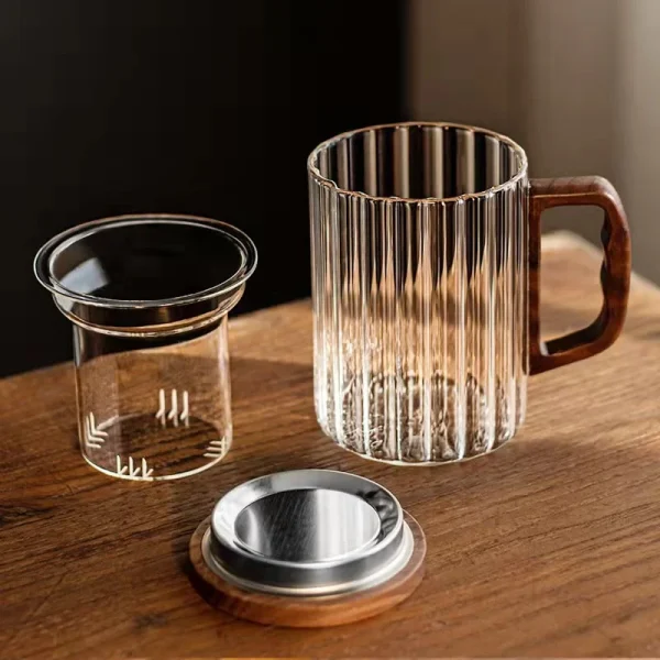 Creative Vertical Stripe Glass Tea Infuser Cup With Transparent Filter Wooden Handle Lid Flower Tea Separation Tea Mug Drinkware 3