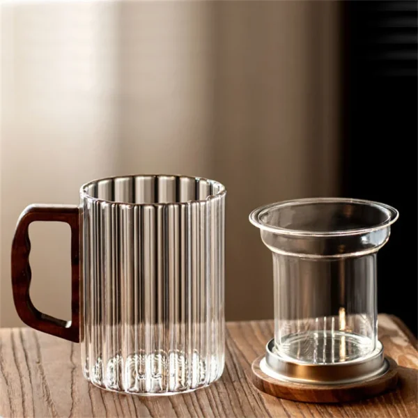 Creative Vertical Stripe Glass Tea Infuser Cup With Transparent Filter Wooden Handle Lid Flower Tea Separation Tea Mug Drinkware 4