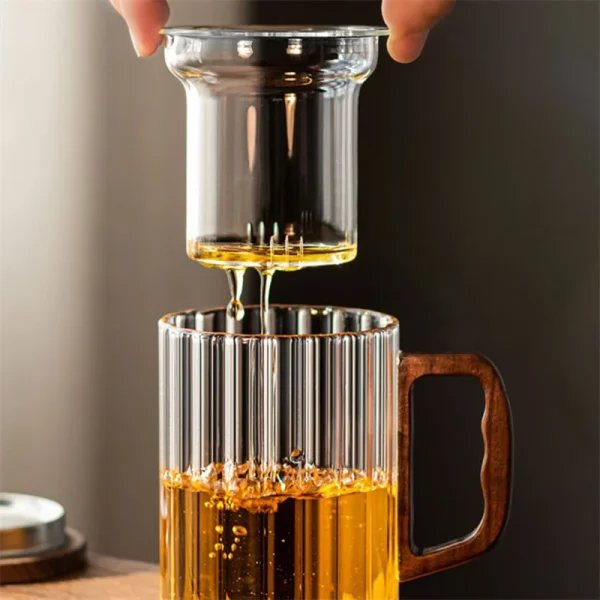 Creative Vertical Stripe Glass Tea Infuser Cup With Transparent Filter Wooden Handle Lid Flower Tea Separation Tea Mug Drinkware 5