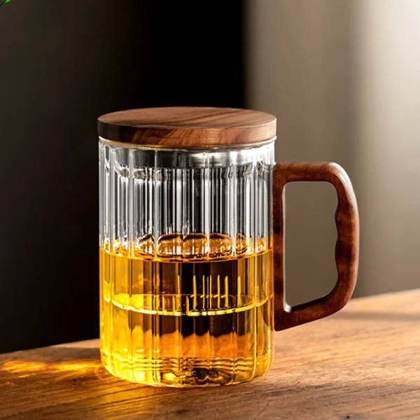 Creative Vertical Stripe Glass Tea Infuser Cup With Transparent Filter Wooden Handle Lid Flower Tea Separation Tea Mug Drinkware 6