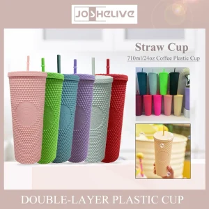 Double Layered Plastic Straw Cup For Household Diamond Radiant Water Bottles Coffee Straw Cup Drinks Bottles Mugs 1