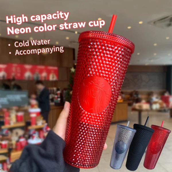 Double Layered Plastic Straw Cup For Household Diamond Radiant Water Bottles Coffee Straw Cup Drinks Bottles Mugs 3