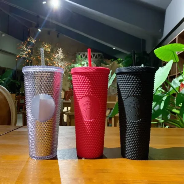 Double Layered Plastic Straw Cup For Household Diamond Radiant Water Bottles Coffee Straw Cup Drinks Bottles Mugs 6