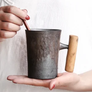 Japanese Vintage Tea Cup Set Ceramic Coffee Mug Rust Glaze Milk Cafe Cup with Wood Handle Water Cup Teacup Home Office Drinkware 1