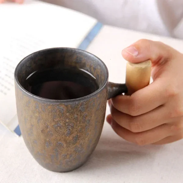 Japanese Vintage Tea Cup Set Ceramic Coffee Mug Rust Glaze Milk Cafe Cup with Wood Handle Water Cup Teacup Home Office Drinkware 2