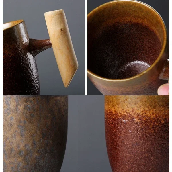 Japanese Vintage Tea Cup Set Ceramic Coffee Mug Rust Glaze Milk Cafe Cup with Wood Handle Water Cup Teacup Home Office Drinkware 3