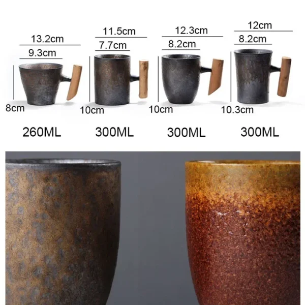 Japanese Vintage Tea Cup Set Ceramic Coffee Mug Rust Glaze Milk Cafe Cup with Wood Handle Water Cup Teacup Home Office Drinkware 4