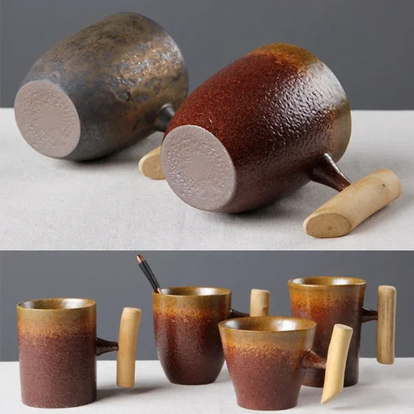 Japanese Vintage Tea Cup Set Ceramic Coffee Mug Rust Glaze Milk Cafe Cup with Wood Handle Water Cup Teacup Home Office Drinkware 6