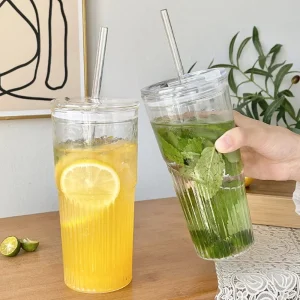 Summer 600ml Stripe Glass Cup Transparent Coffee Mug with Lid+Straw Tea Cup Juice Glass Milk Cup Kitchen Drinkware 1
