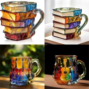 Painted Book Mug 300ml 3D Painted Guitar Coffee Cup Book Coffee Mug Unique Colorful Resin Books Stack Coffee Cup Collection Gift 1
