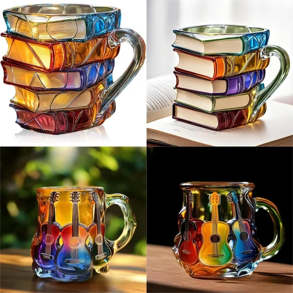 Painted Book Mug 300ml 3D Painted Guitar Coffee Cup Book Coffee Mug Unique Colorful Resin Books Stack Coffee Cup Collection Gift 1