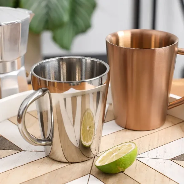 300ml Double-Layer Water Cup Home Dining Drinkware Mugs 304 Stainless Steel Beer Cup Gold Sliver Coffee Mugs With Handle 2