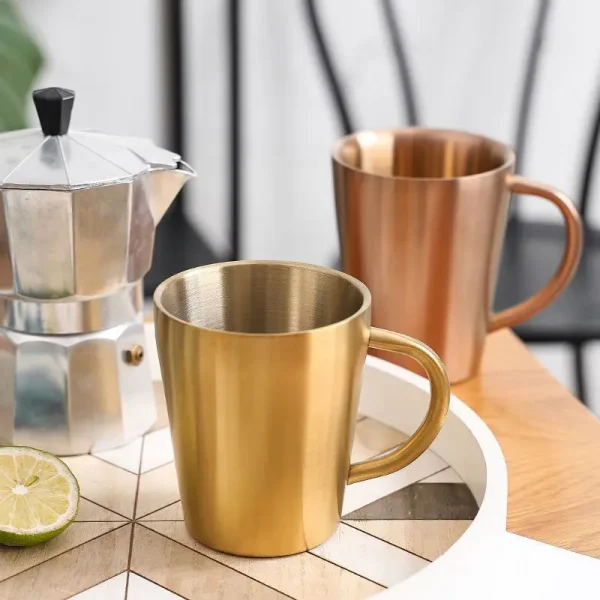 300ml Double-Layer Water Cup Home Dining Drinkware Mugs 304 Stainless Steel Beer Cup Gold Sliver Coffee Mugs With Handle 3