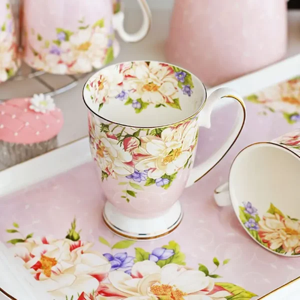 300ML, bone china ceramic coffee mug, tazas cafe floral painting, present creative ceramic tea cup, vintage tea ceremony 3