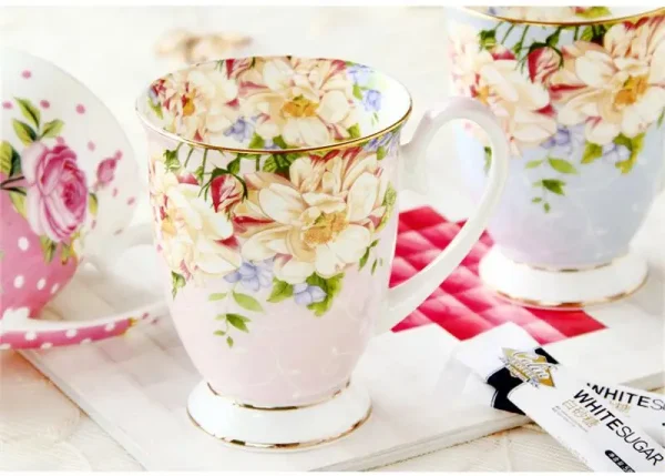 300ML, bone china ceramic coffee mug, tazas cafe floral painting, present creative ceramic tea cup, vintage tea ceremony 4