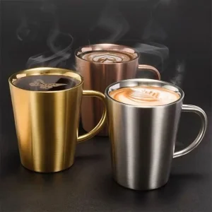 300ml Double-Layer Water Cup Home Dining Drinkware Mugs 304 Stainless Steel Beer Cup Gold Sliver Coffee Mugs With Handle 1