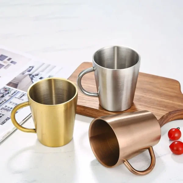 300ml Double-Layer Water Cup Home Dining Drinkware Mugs 304 Stainless Steel Beer Cup Gold Sliver Coffee Mugs With Handle 2